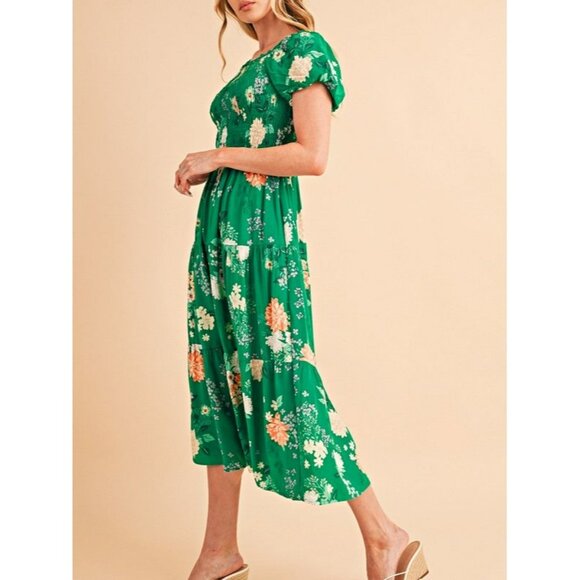 Green Floral Smocked Puff Sleeve Midi Dress For Women - Picture 9 of 12